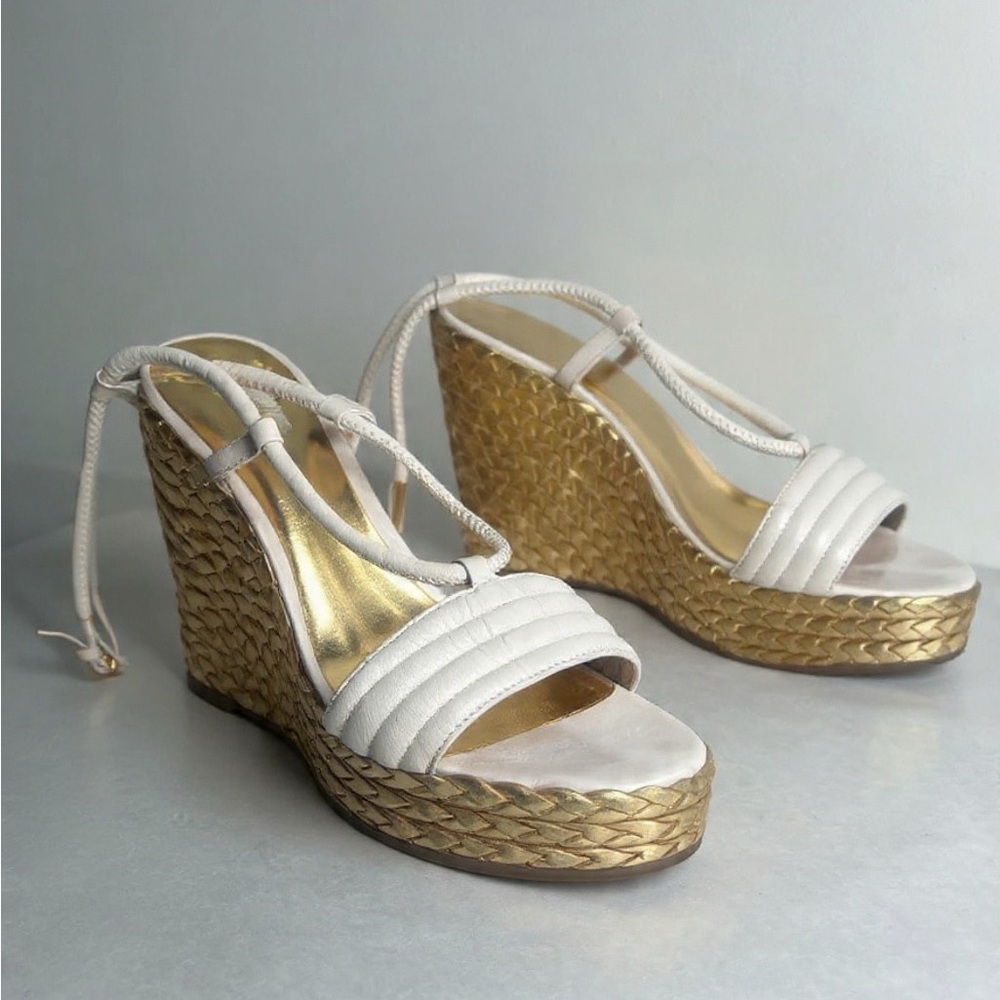 Coach Gold and Cream Wedge Sandals
